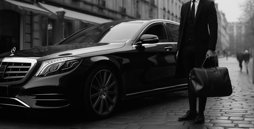 Chauffeur in suit beside Mercedes S-Class in Paris – luxury hourly driver service.