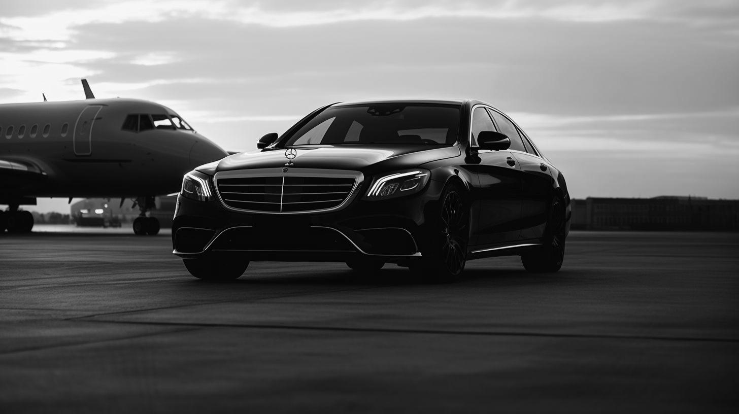 Mercedes S-Class beside a private jet at Paris Le Bourget Airport – premium chauffeur service for private jet and business travelers.