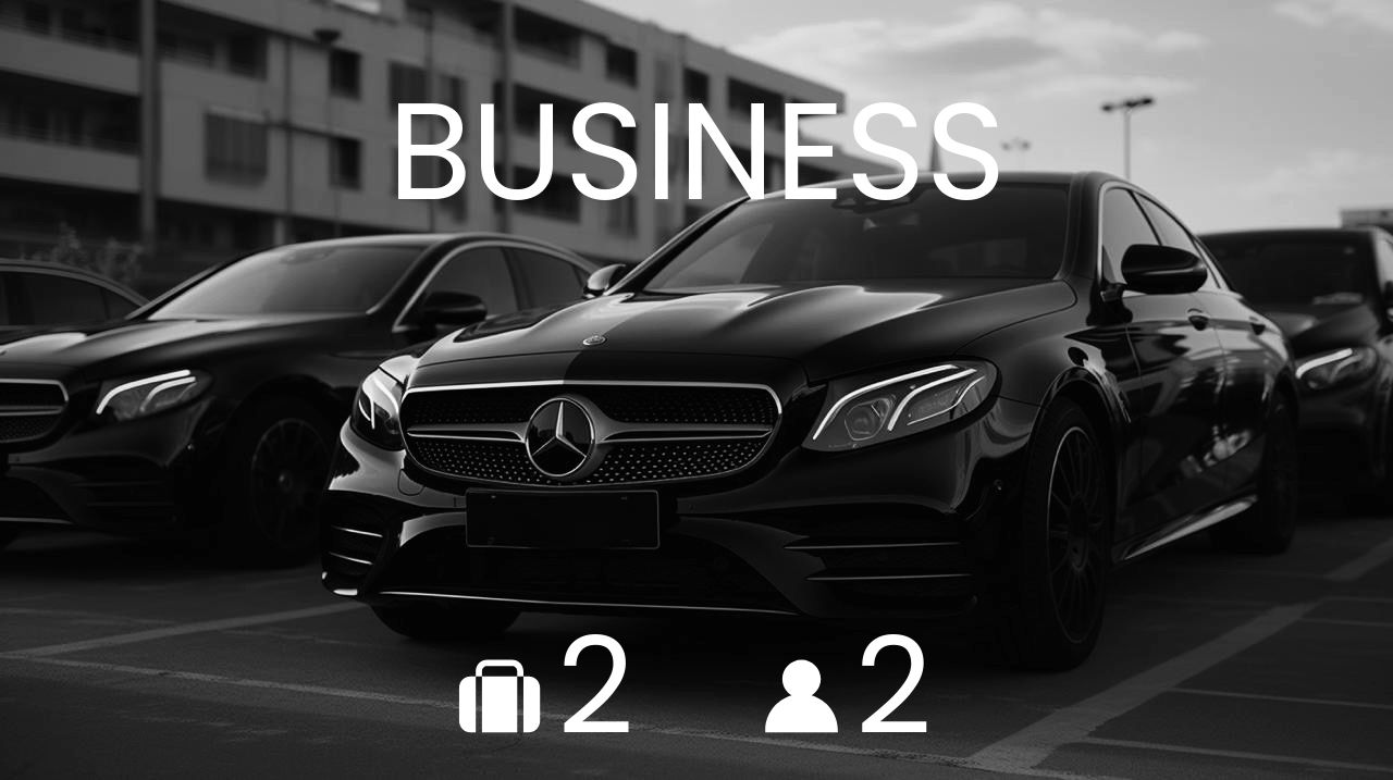 Mercedes E-Class Business category chauffeur car in Paris – 2 passengers, 2 suitcases.