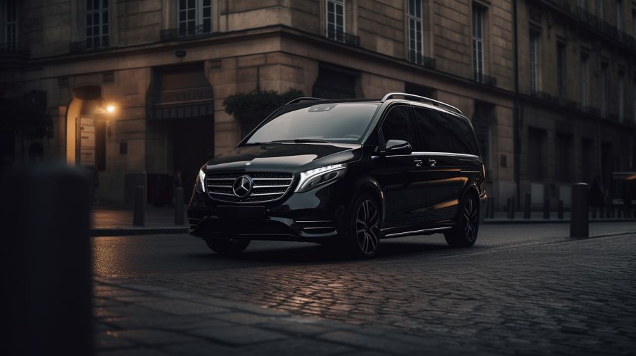 Luxury black Mercedes V-Class van parked in Paris street, used for premium private chauffeur transfers to and from Disneyland Paris, ideal for families and VIP travelers.