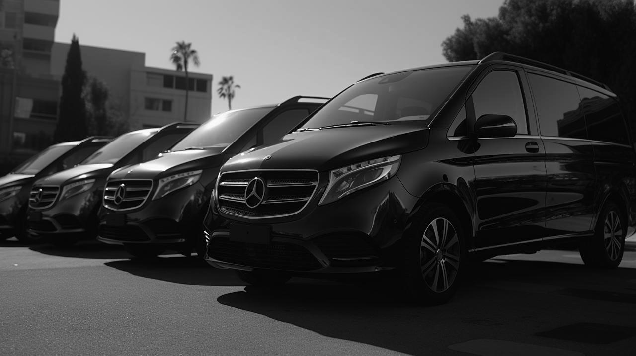 Luxury Mercedes V-Class vans parked in Paris — part of our premium chauffeur fleet for business, airport, and private transfers.