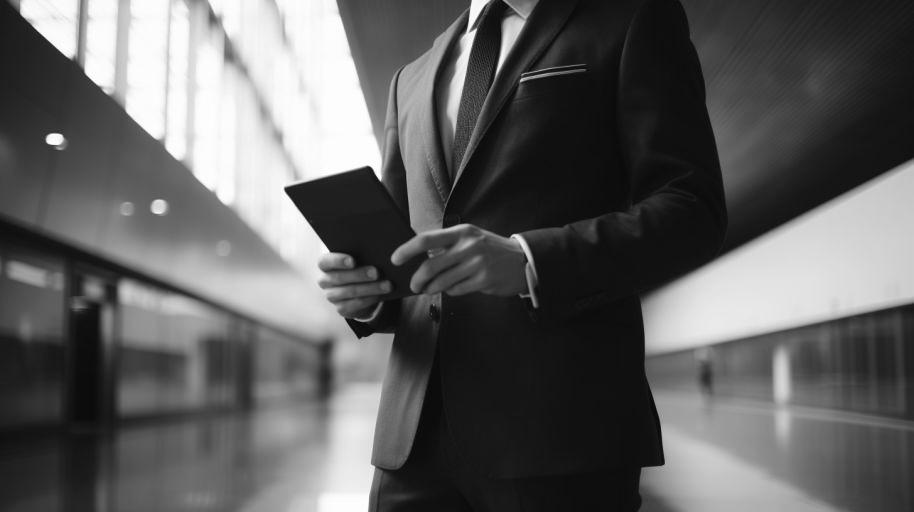 Paris airport greeter in suit holding a tablet, ready to assist passengers during the VIP Meet and Greet process at CDG, Orly, or Le Bourget.