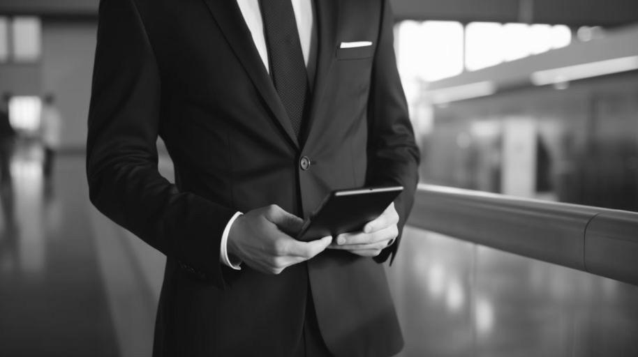 Professional Paris airport greeter in suit holding a tablet, ready to welcome passengers with VIP Meet and Greet service at CDG, Orly, and Le Bourget airports.