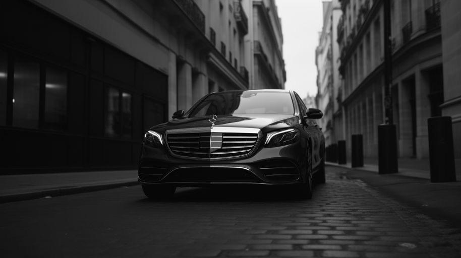 Mercedes S-Class in Paris street – private chauffeur service with elegance and comfort.
